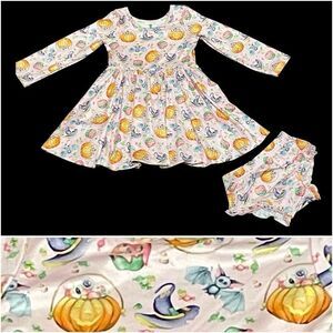 Charlie's Project Spooky Treats Twirl Dress Pumpkins Bats Witches Hats Pink 2T